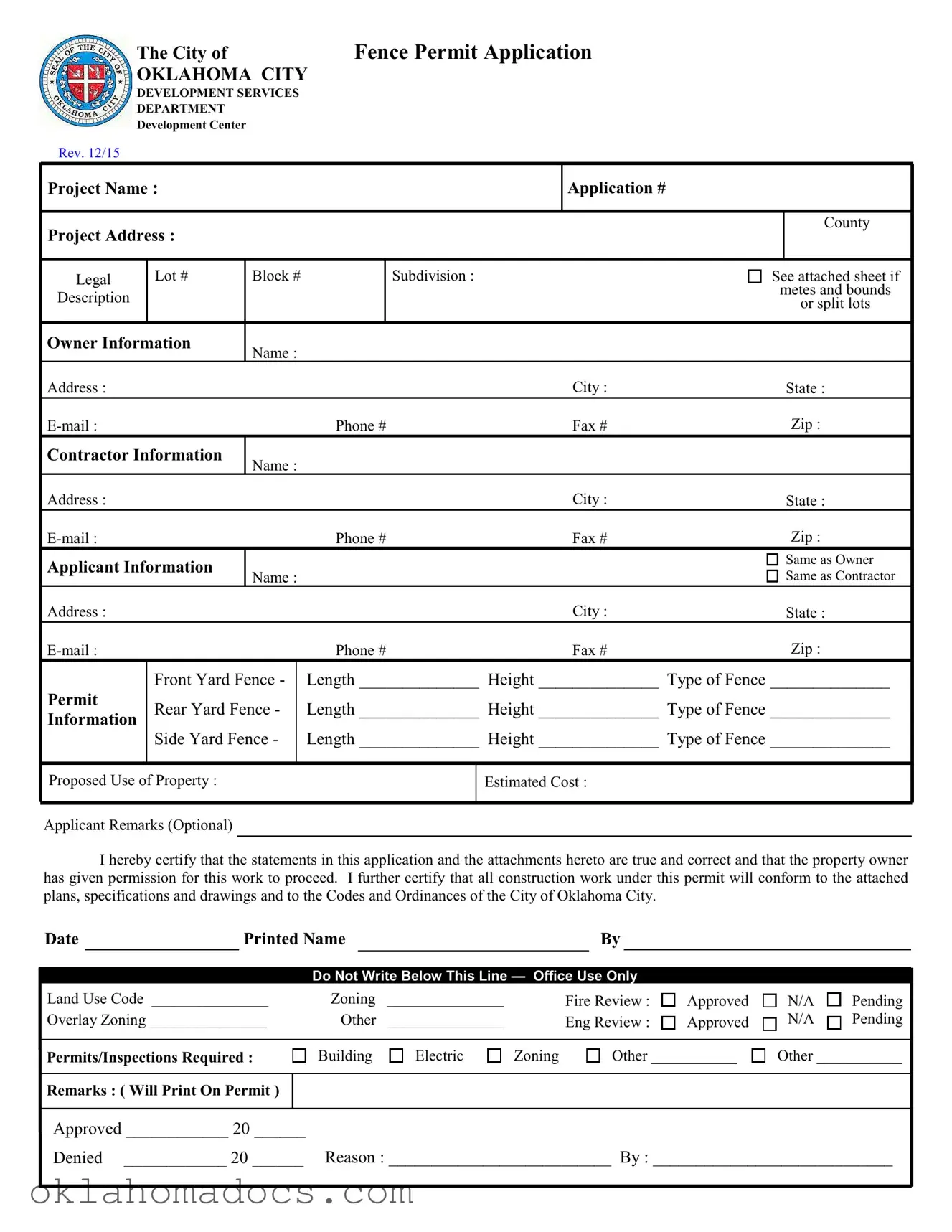 Free Fence Permit Application Oklahoma Form