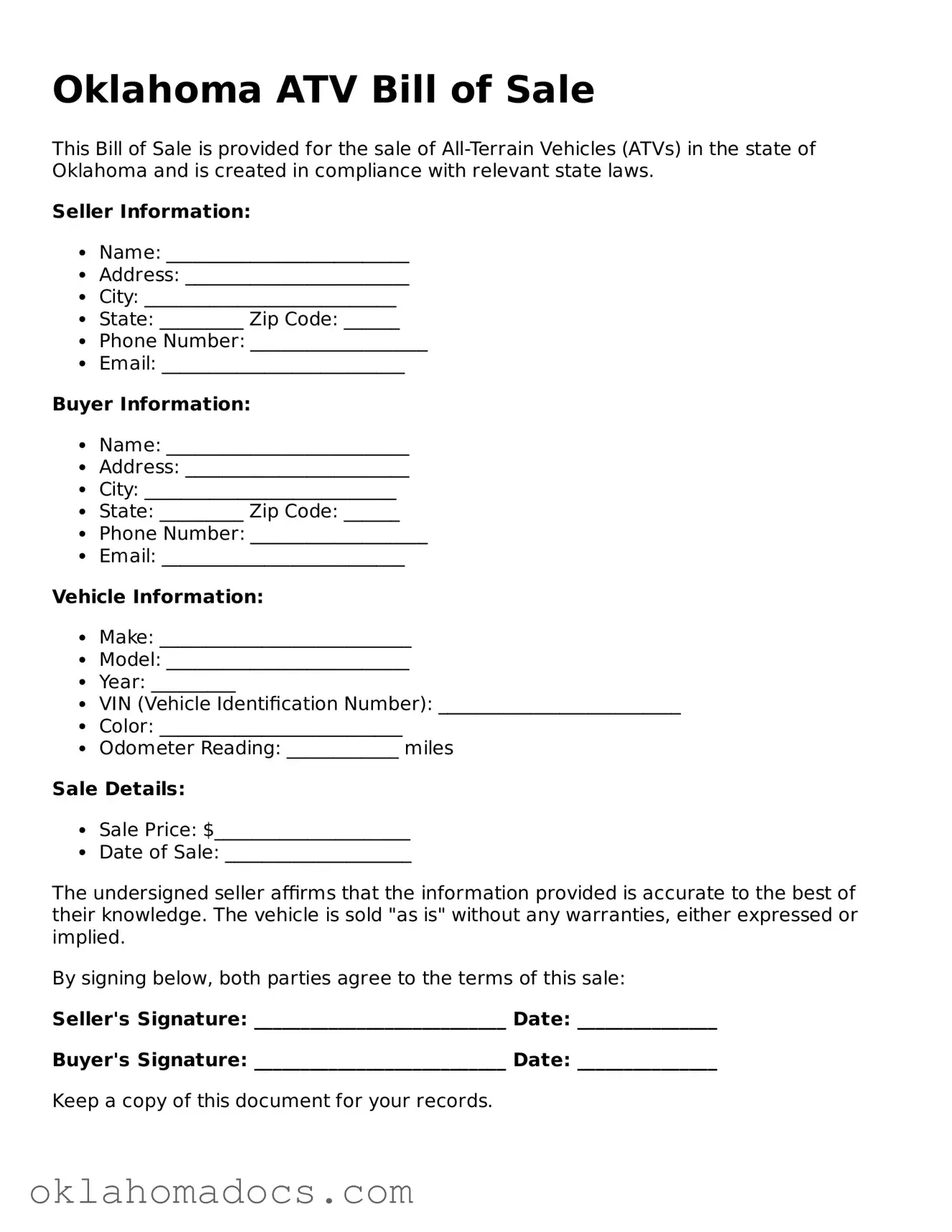 Attorney-Verified Oklahoma ATV Bill of Sale Template