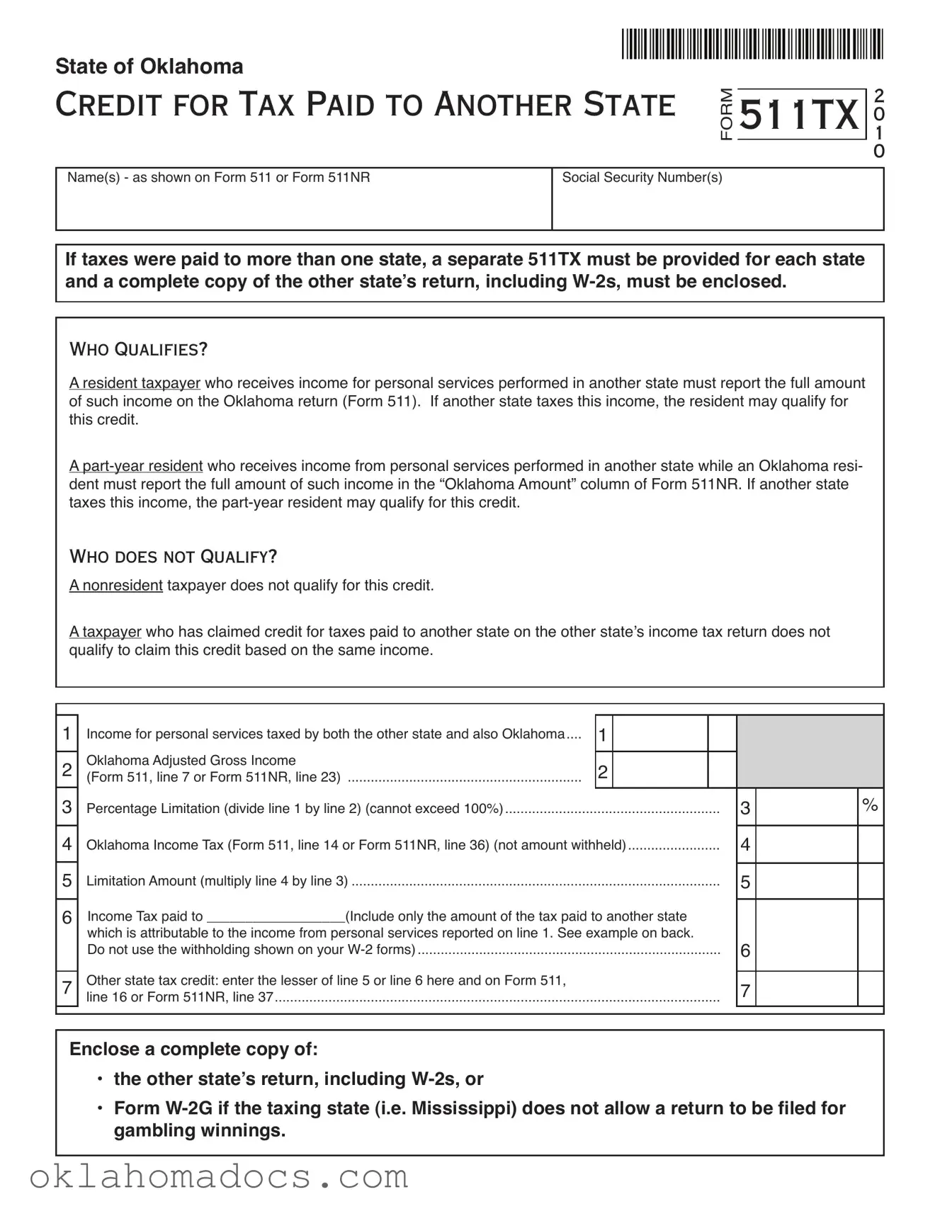 Free Oklahoma 511Tx Form