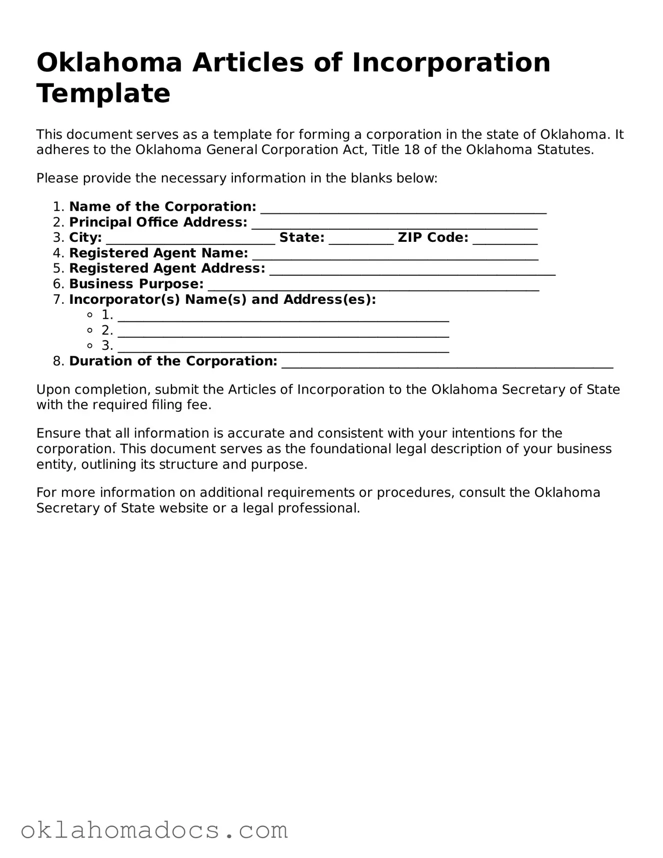 Attorney-Verified Oklahoma Articles of Incorporation Template
