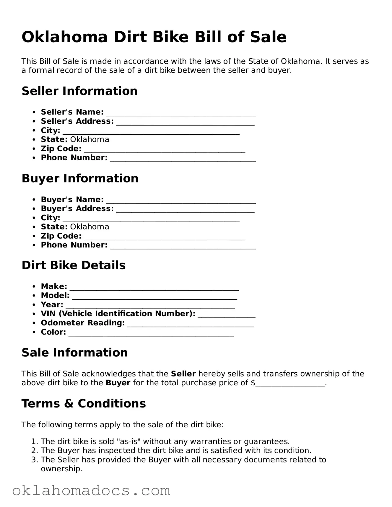 Attorney-Verified Oklahoma Dirt Bike Bill of Sale Template