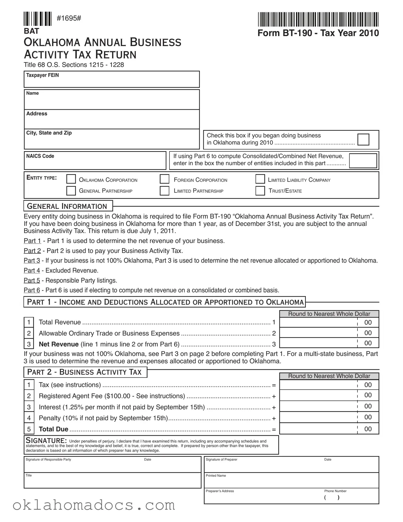 Free Oklahoma Bt 190 Form