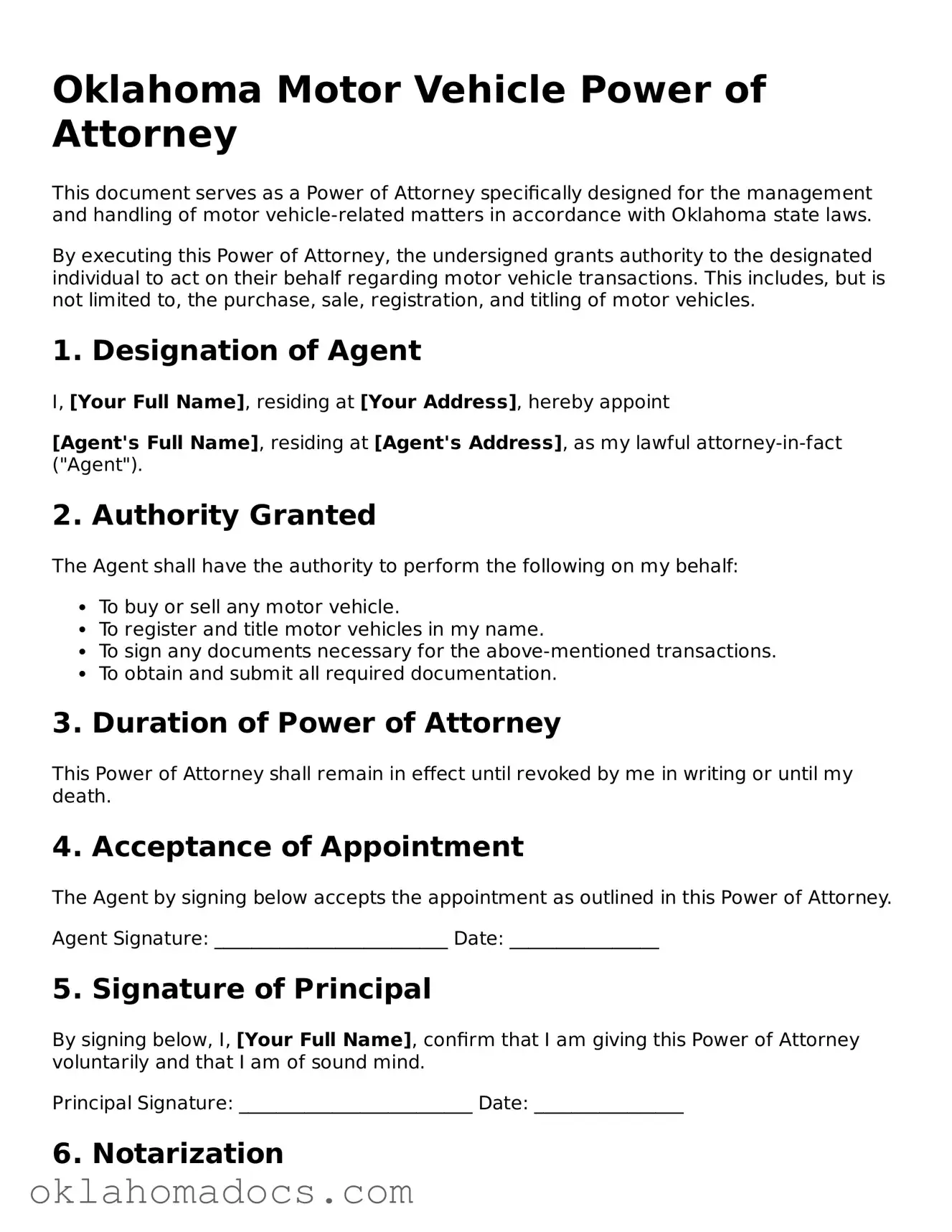 Attorney-Verified Oklahoma Motor Vehicle Power of Attorney Template