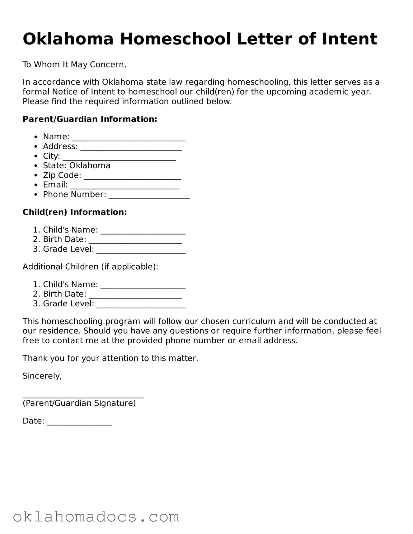 Attorney-Verified Oklahoma Homeschool Letter of Intent Template