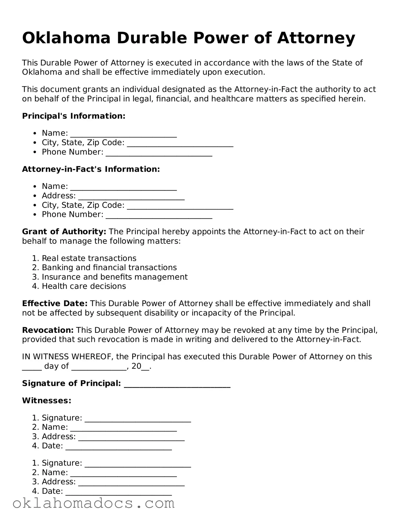 Attorney-Verified Oklahoma Durable Power of Attorney Template