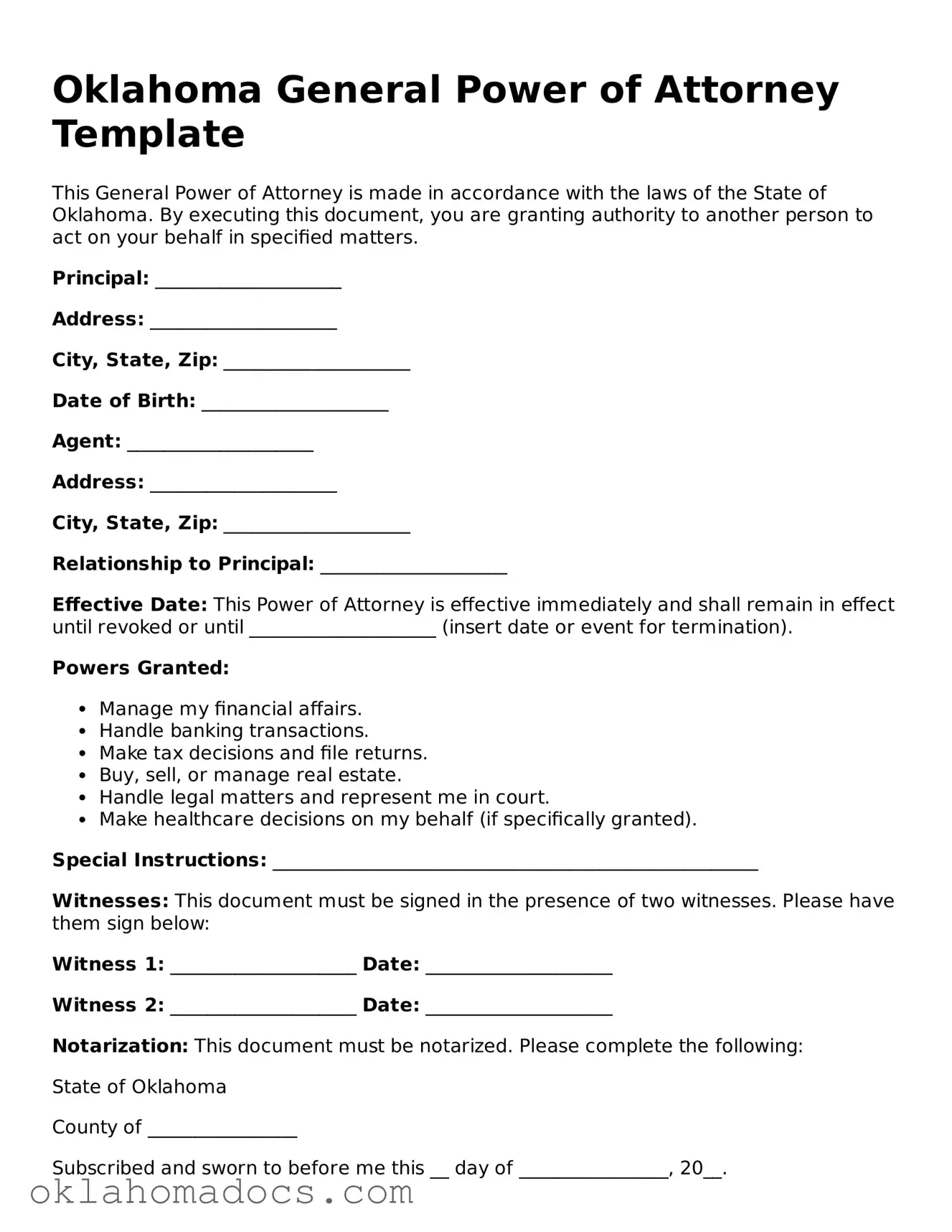 Attorney-Verified Oklahoma General Power of Attorney Template