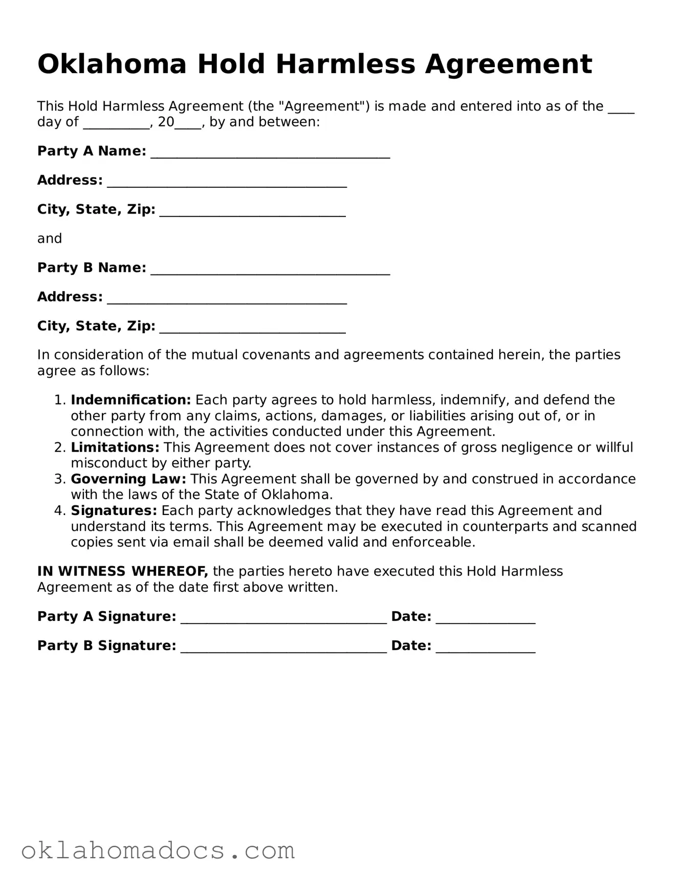 Attorney-Verified Oklahoma Hold Harmless Agreement Template