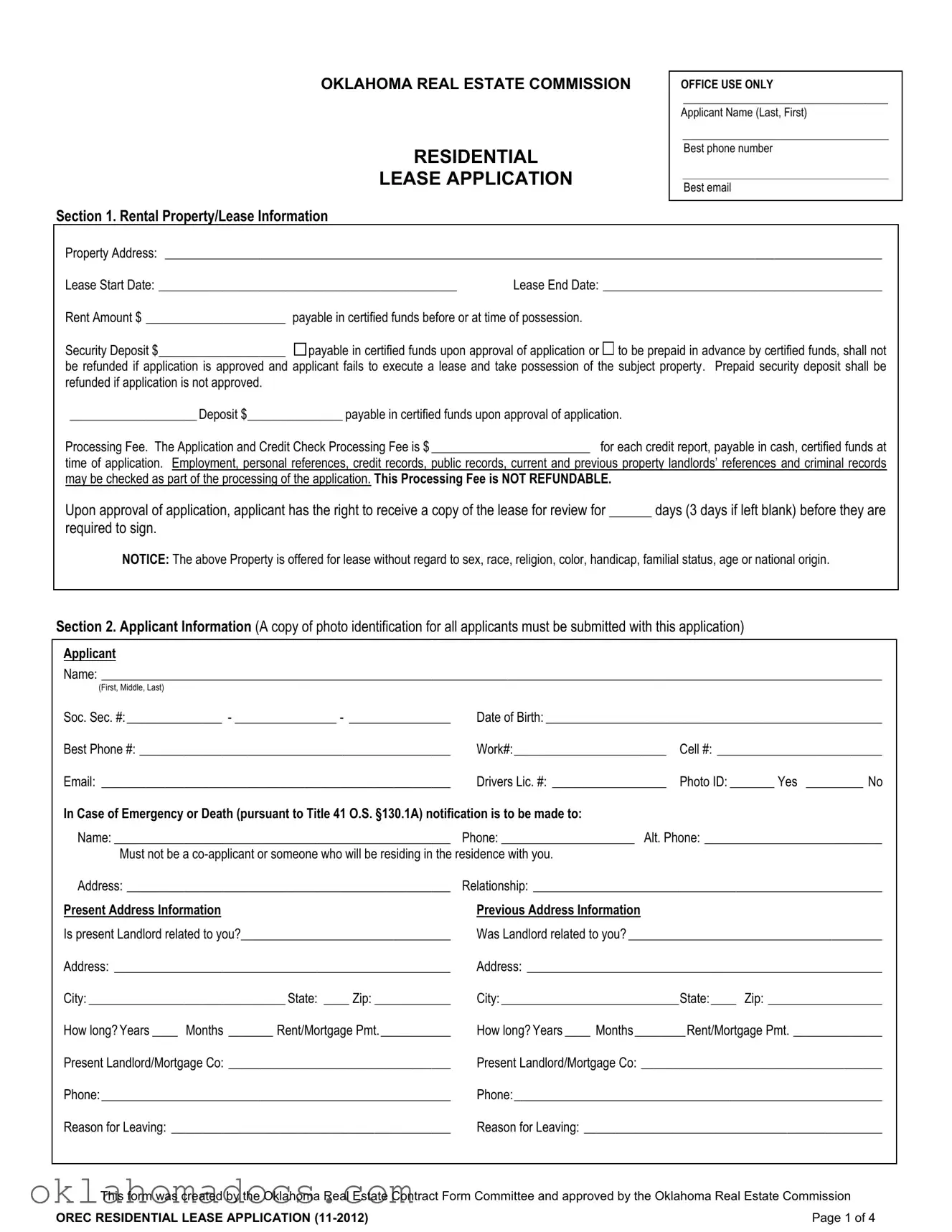 Free Oklahoma Lease Application Form