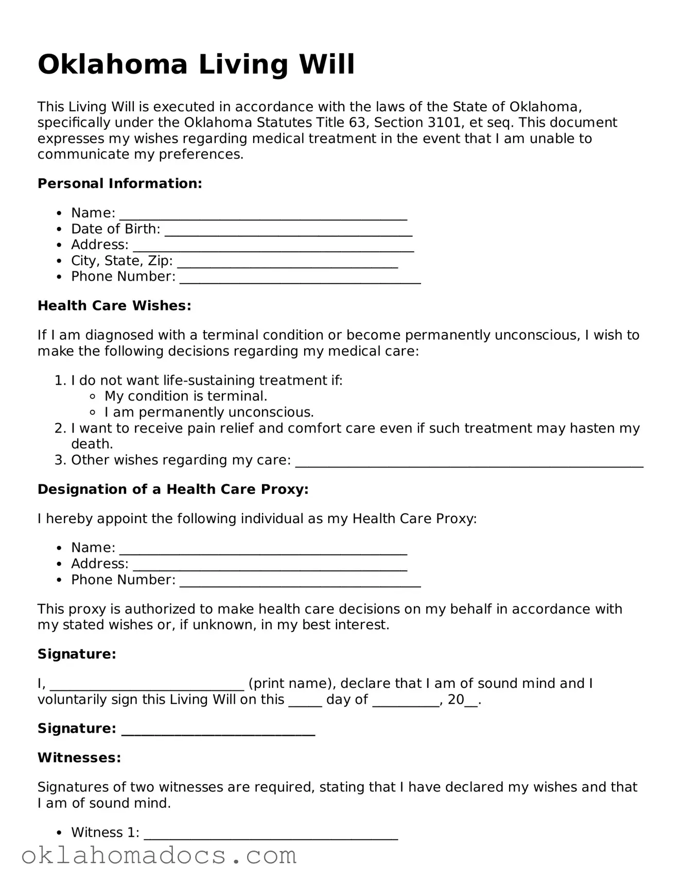 Attorney-Verified Oklahoma Living Will Template