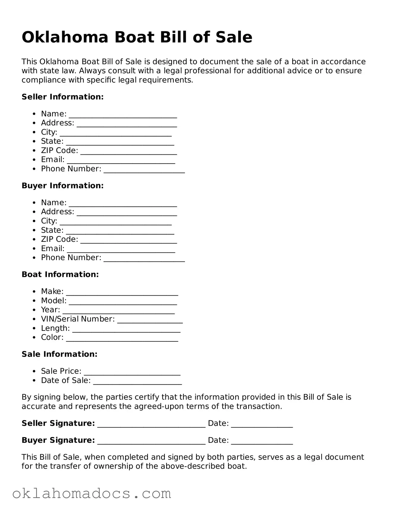 Attorney-Verified Oklahoma Boat Bill of Sale Template