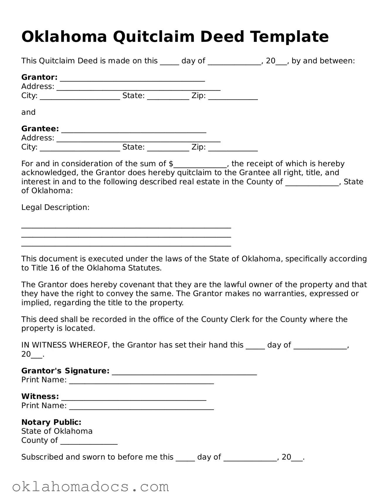 Attorney-Verified Oklahoma Quitclaim Deed Template