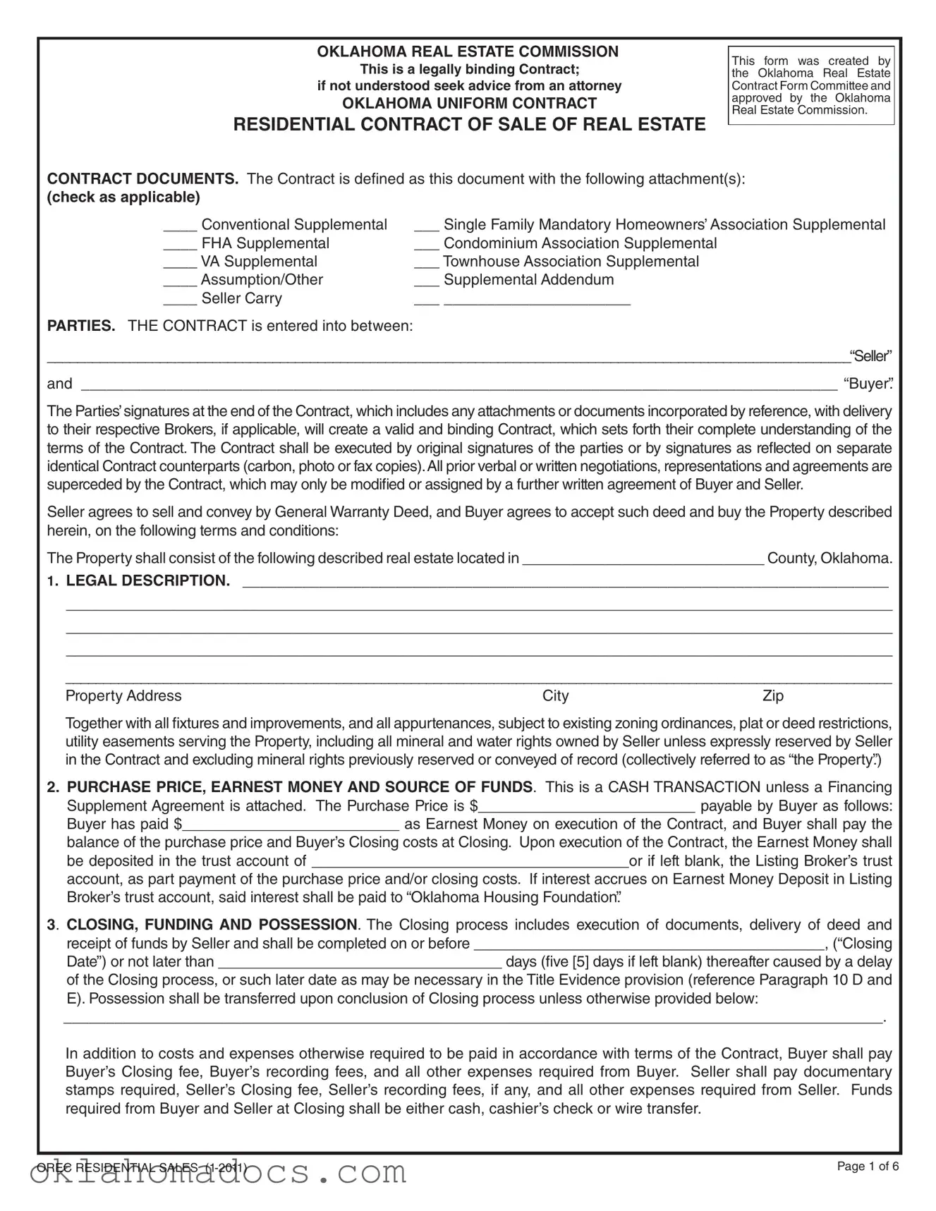 Free Oklahoma Real Estate Contract Sale Form