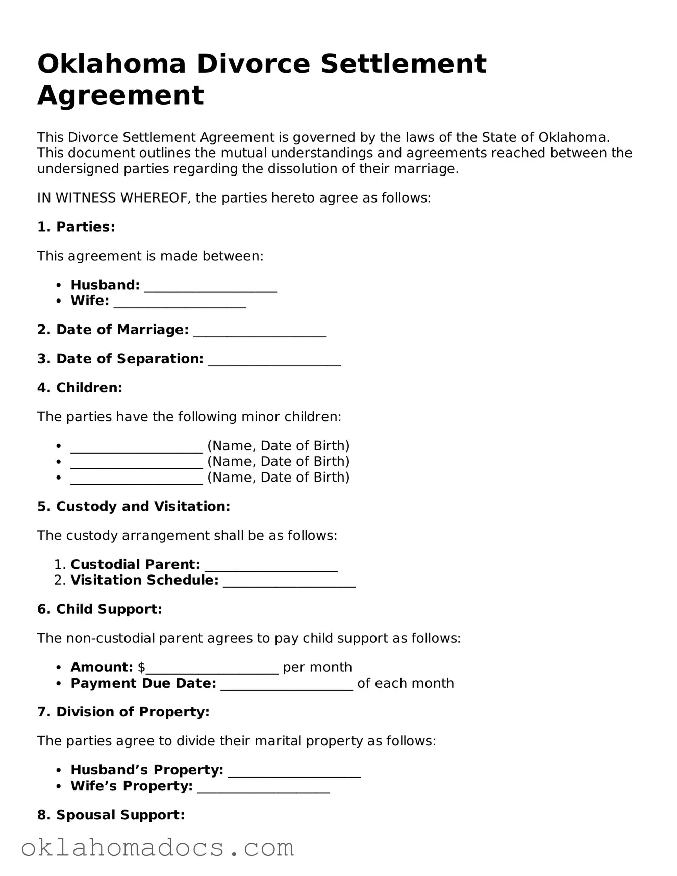 Attorney-Verified Oklahoma Divorce Settlement Agreement Template