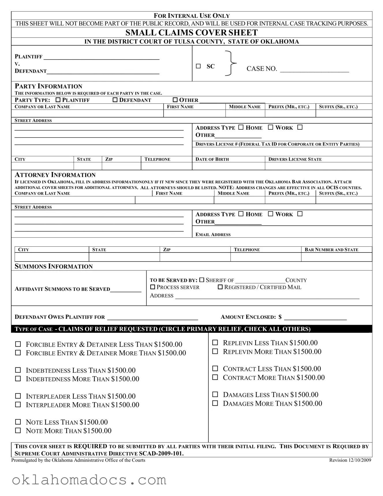 Free Oklahoma Tulsa Small Claims Form