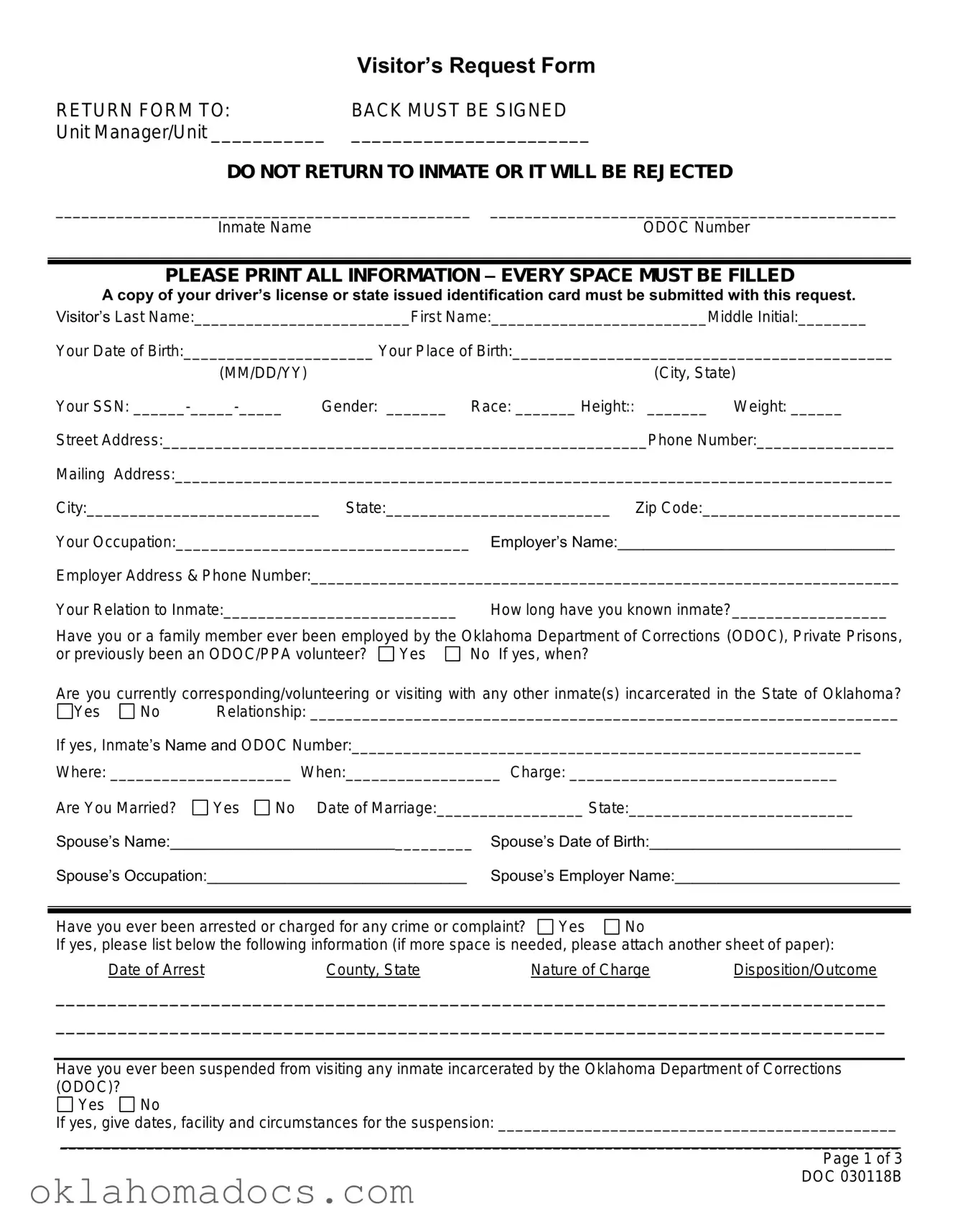 Free Oklahoma Visitation Form