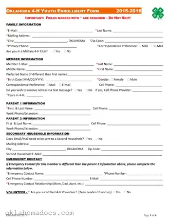 Free Oklahoma 4 H Youth Enrollment Form