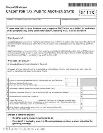 Free Oklahoma 511Tx Form
