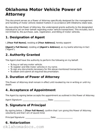Attorney-Verified Oklahoma Motor Vehicle Power of Attorney Template