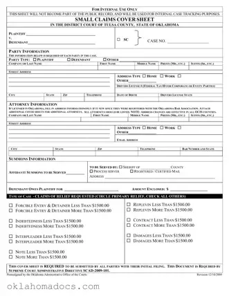 Free Oklahoma Tulsa Small Claims Form